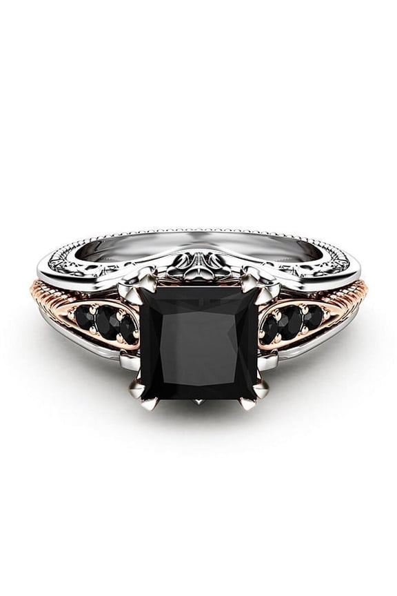 925 Sterling Silver Black Tourmaline Ring cocktail ring square cut diamond ring women's Retro diamond ring Size 6-10