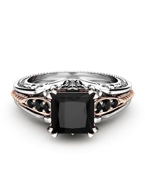 925 Sterling Silver Black Tourmaline Ring cocktail ring square cut diamond ring women's Retro diamond ring Size 6-10