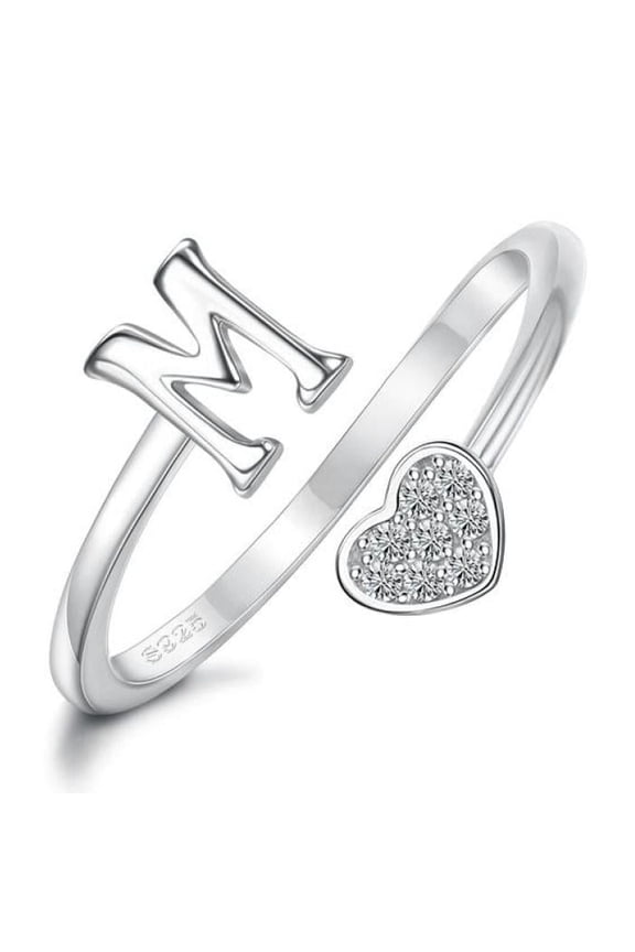 925 Sterling Silver Heart Initial Ring for Women – Adjustable Letter A-Z Stackable Ring