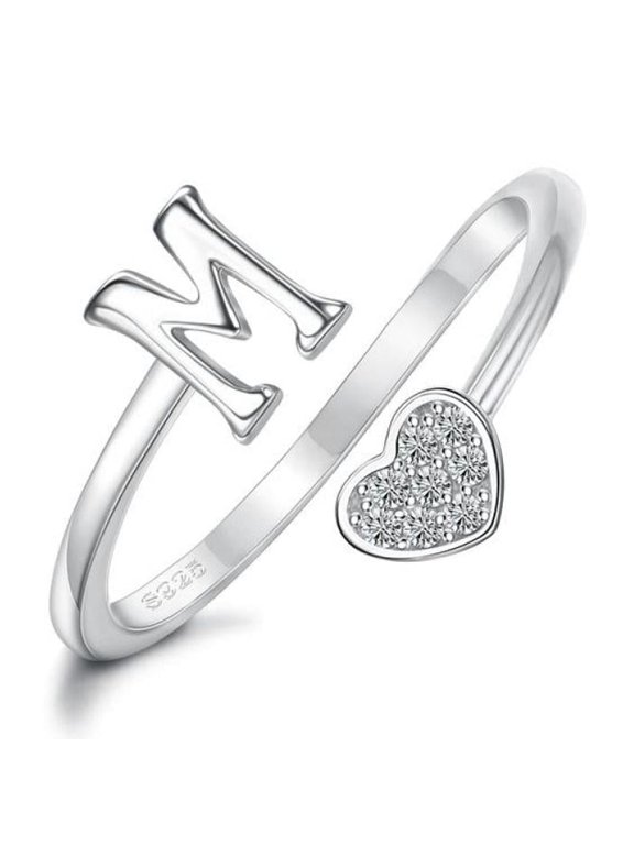 925 Sterling Silver Heart Initial Ring for Women – Adjustable Letter A-Z Stackable Ring