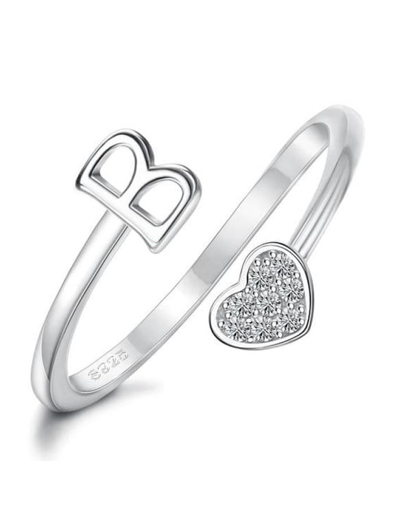 925 Sterling Silver Heart Initial Ring for Women – Adjustable Letter A-Z Stackable Ring