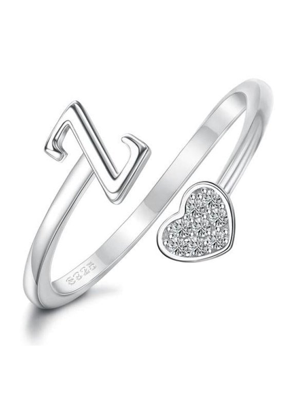 925 Sterling Silver Heart Initial Ring for Women – Adjustable Letter A-Z Stackable Ring