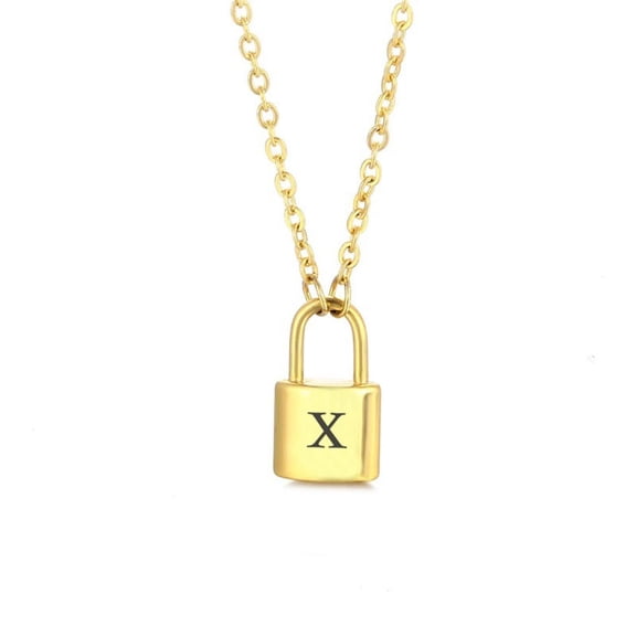 LINXIQIN Jewelry Initial Pendant Necklace for Men Womens, 14K Gold Plated Lock Letter Capital Necklace Alphabets from A-Z Figaro Chain Necklace