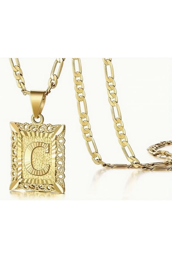 Jewelry Initial Pendant Necklace for Men Womens, 14K Gold Plated Square Letter Capital Necklace Alphabets from A-Z Figaro Chain Necklace