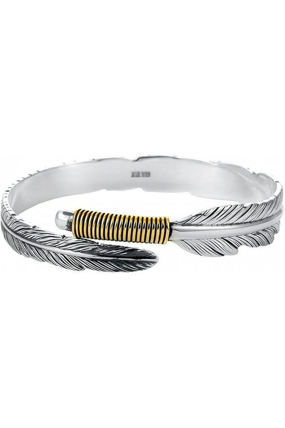 Man Bangle, Adjustable Opening Designed Bracelet Silver Color Irregular Feather Bangle Men Retro Style 925 Sterling Silver Jewelry Gift