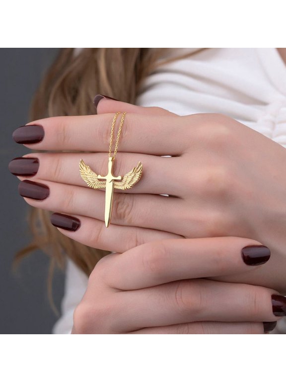 Women's Sword with Wings 14K Gold-Plated Pendant Cable Chain Necklace, Everyday Wear, 20 Inch, Includes Gift Box