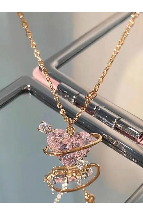 Rhinestone Decor Pendant Necklace As Perfect Gift for Girlfriend, Fashion Heart Shaped Artificial Crystal Alloy Jewelry, Daily Clothing Deco