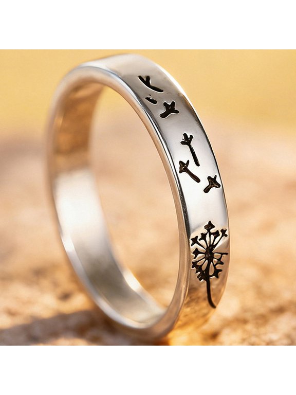 Women Silver Toned Dandelion Band Ring for Everyday Wear Size 10 Includes Gift Box