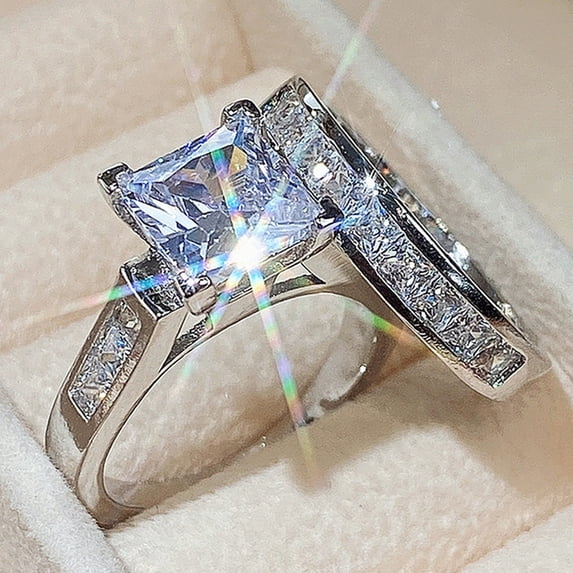 LINXIQIN Women White Cubic Zirconia Silver Toned Square Promise Ring ...
