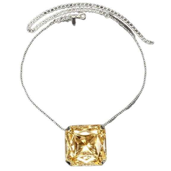 LINXIQIN Women's Yellow Cubic Zirconia Square 14K White Gold-Plated Pendant Cuban Link Chain Necklace, Everyday Wear, 20 Inch, Includes Gift Box