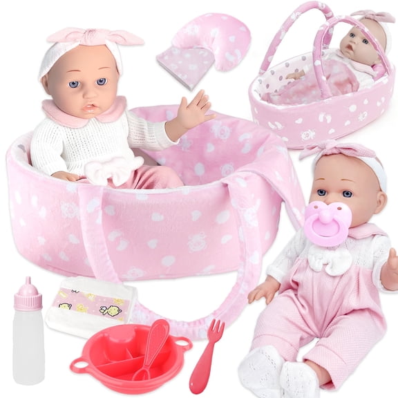 LINXUXIE 12″ Baby Doll Sleeping Basket Set in Gift Box, 12Pcs Baby Doll Accessories Includes Pacifier, Blanket, Pillow, Diaper and Feeding Kit, Carrier Bassinet Bed Toy for Girls Ages 3 4 5 6