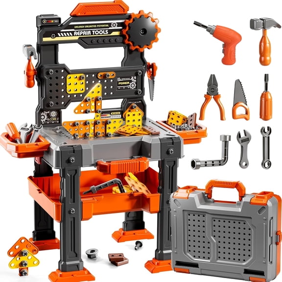LINXUXIE 156PCS Pretend Construction Toy Set with Drill, Black Kids Toy Workbench Playset Tools for Kids Ages 3 4 5 6 7 8 Years Old, Ideal Birthday Gifts for Boys