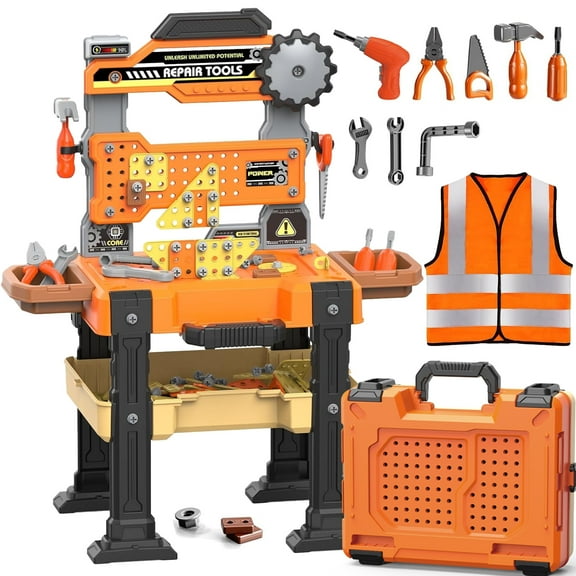 LINXUXIE 156PCS Pretend Construction Toy Set with Drill, Orange Kids Toy Workbench Playset Tools for Kids Ages 3 4 5 6 7 8 Years Old, Ideal Birthday Gifts for Boys