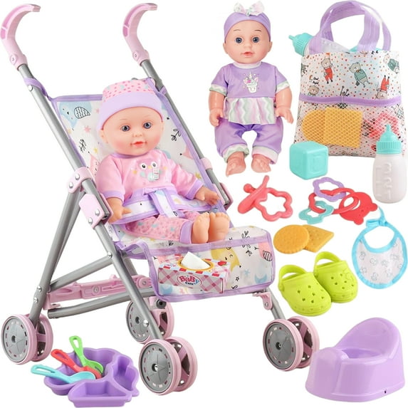 LINXUXIE 16 PCS Baby Doll Stroller Set, Realistic Pretend Play with 12-inch Doll, Birthday Gifts for Kids 3-5 5-8 Year Old