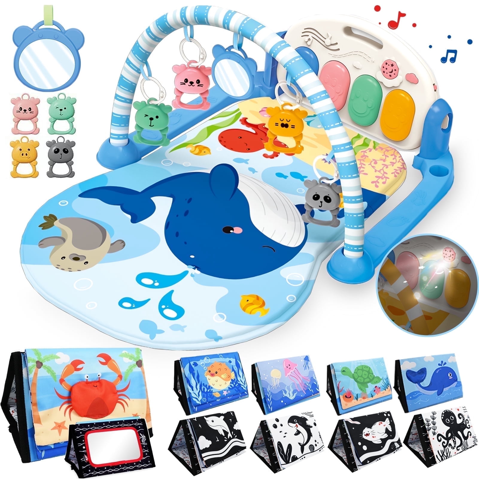 LINXUXIE 2 in 1 Baby Gym Playmat with Music, Lights, 5 Sensory Montessori Toys & Tummy Time Mirror, Newborn Gift for Infants 0-12 Months
