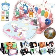 LINXUXIE 2 in 1 Baby Gym Playmat with Music and Lights, Infant Tummy Time Mat with 5 Sensory Montessori Toys & Tummy Time Mirror Toys, Newborn Gifts for 0-3 6-12 Month