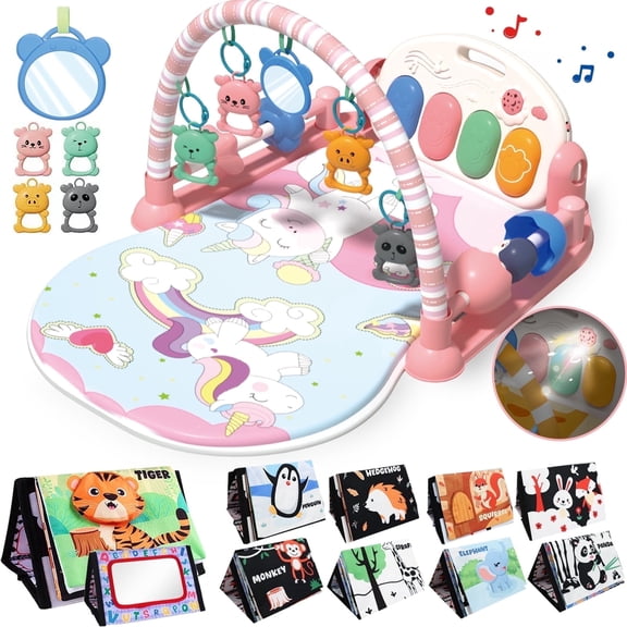 LINXUXIE 2 in 1 Baby Gym Playmat with Music and Lights,Infant Tummy Time Mat with 5 Sensory Montessori Toys & Mirror,Newborn Gifts for 0-3 6-12 Month