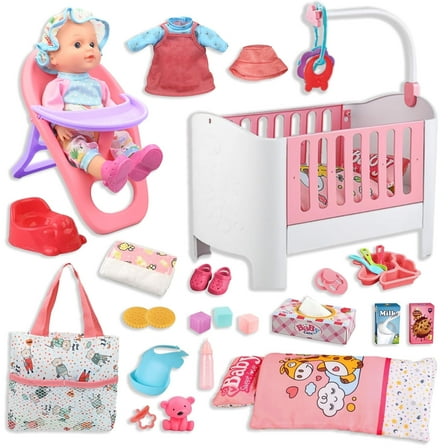 LINXUXIE Baby Doll Crib and High Chair Set, Kids Interactive Pretend Play Toys, Birthday Gifts for 1-3 3-5 5-8 Year Old