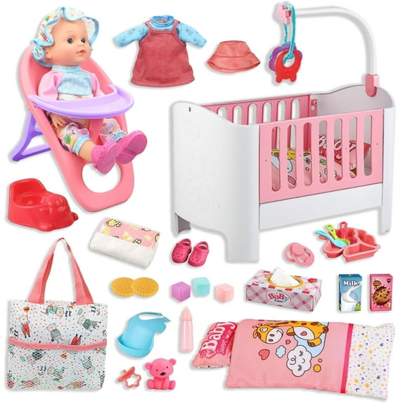 LINXUXIE Baby Doll Crib and High Chair Set, Kids Interactive Pretend Play Toys, Birthday Gifts for 1-3 3-5 5-8 Year Old