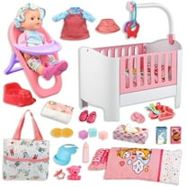 LINXUXIE Baby Doll Crib and High Chair Set, Kids Interactive Pretend Play Toys, Birthday Gifts for 1-3 3-5 5-8 Year Old