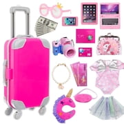LINXUXIE 18 Inch Doll Suitcase Travel Luggage Play Accessories,Doll Clothes Accessories,Case,Unicorn Pillow, Mobile Phone Travel Set Toys for Kids Ages 3-12 Girls Gifts