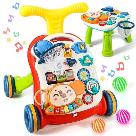 LINXUXIE 3 in 1 Baby Walker Activity Center, Sit to Stand Learning Toy with Music Panel, Early Learning Gifts for Infant 6-12 Months