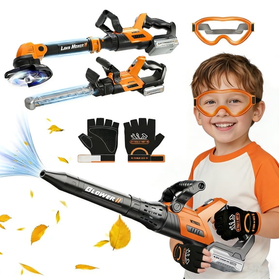 LINXUXIE 3-in-1 Kids Garden Tools, Pretend Play Set with Weed Whacker, Leaf Blower & Hedge Trimmer, Birthday Gifts for Kids 1-3 3-5 5-8 Year Old