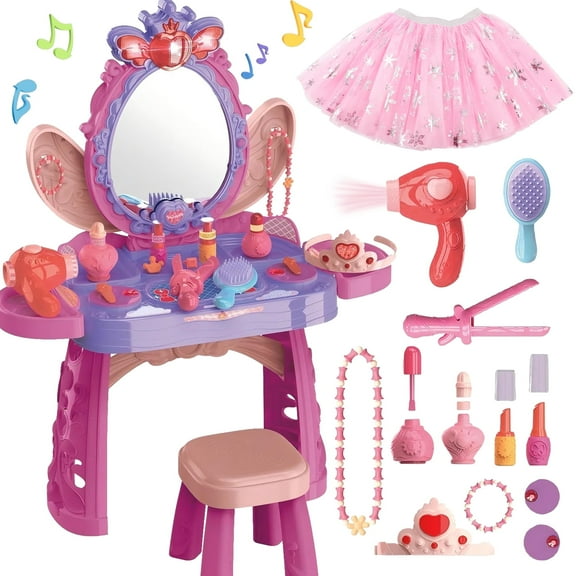 LINXUXIE Vanity Table and Chair Set, Makeup Table with Mirror, Toddler Pretend Play Vanity Toys, Dress Up Birthday Gift for 3-5 5-8 8-12 Year Old