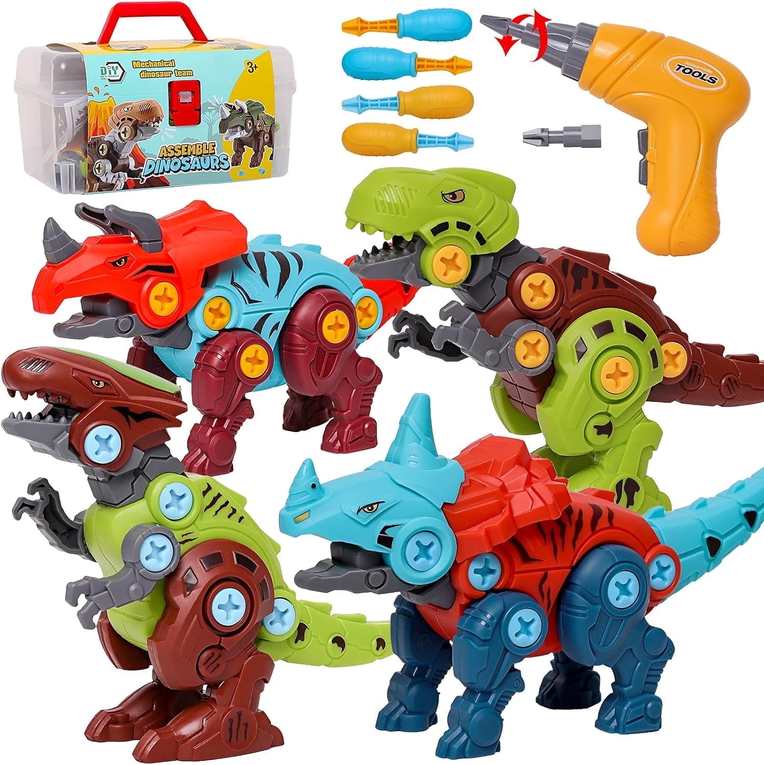 LINXUXIE 4 Pack Take Apart Dinosaur Toys, Educational Building Construction Toys with Drill, Engineering Birthday Gifts for 1-3 3-5 5-8 Year Old