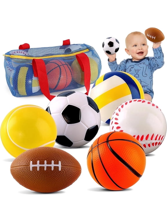 6PCS Sport Balls Set, Small Soft Soccer Ball Basketball Baseball and Tennis Ball with Bag, Birthday Gifts for 1-3 3-5 5-8 Year Old