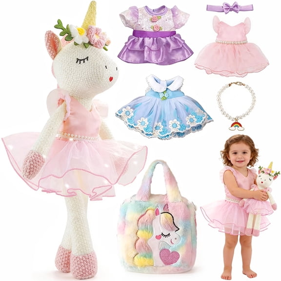 LINXUXIE Unicorns Stuffed Animal Doll Toys, Plush Doll with Cloth, Shoe, Bag, Ballet Dress Up Doll for Girl, Birthday Gifts for 1-3 3-5 5-8 Year Old