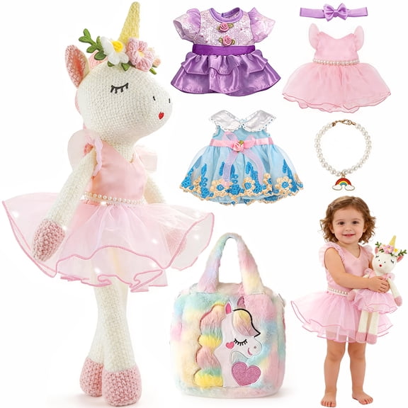 LINXUXIE Unicorns Stuffed Animal Doll Toys, Plush Doll with Cloth, Shoe, Bag, Ballet Dress Up Doll for Girl, Birthday Gifts for 1-3 3-5 5-8 Year Old