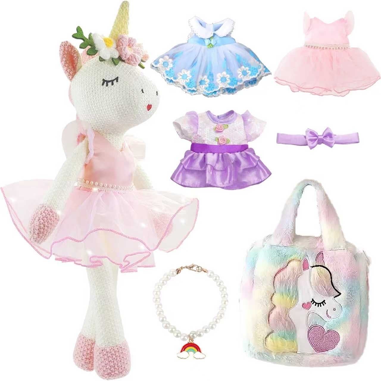 LINXUXIE Unicorns Stuffed Animal Doll Toys, Plush Doll with Cloth, Shoe, Bag, Ballet Dress up Doll for Girl, Birthday Gifts for 1-3 3-5 5-8 Year Old