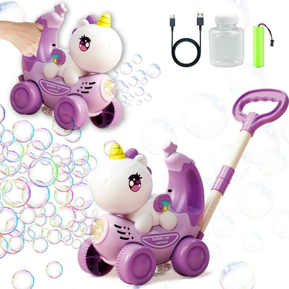 LINXUXIE Automatic Bubble Machine, Portable Unicorn Bubble Maker Blower Push Car for Outdoor, Birthday Gifts for Kids 3-5 5-8 Year Old
