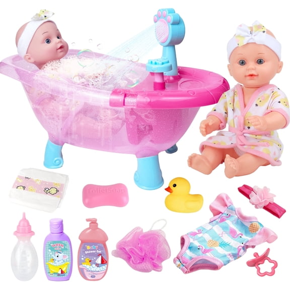 LINXUXIE Baby Doll Bath Set, Real Working Bathtub with Detachable Shower Spray, Birthday Gifts for Kids 3-5 5-8 8-12 Year Old
