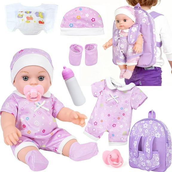 LINXUXIE Baby Doll Set with Diaper & Pacifier, Pretend Play Toy with Flower Pattern Backpack Carrier, Birthday Gifts for Kids 3-5 5-8 8-12 Year Old
