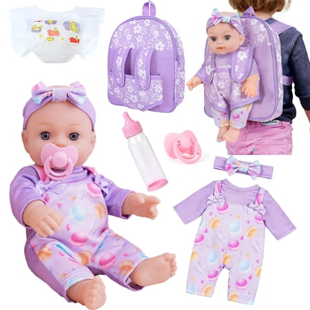LINXUXIE Baby Doll Set with Diaper & Pacifier, Pretend Play Toy with Flower Pattern Backpack Carrier, Birthday Gifts for Kids 3-5 5-8 8-12 Year Old