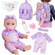 LINXUXIE Baby Doll Set with Diaper & Pacifier, Pretend Play Toy with Flower Pattern Backpack Carrier, Birthday Gifts for Kids 3-5 5-8 8-12 Year Old