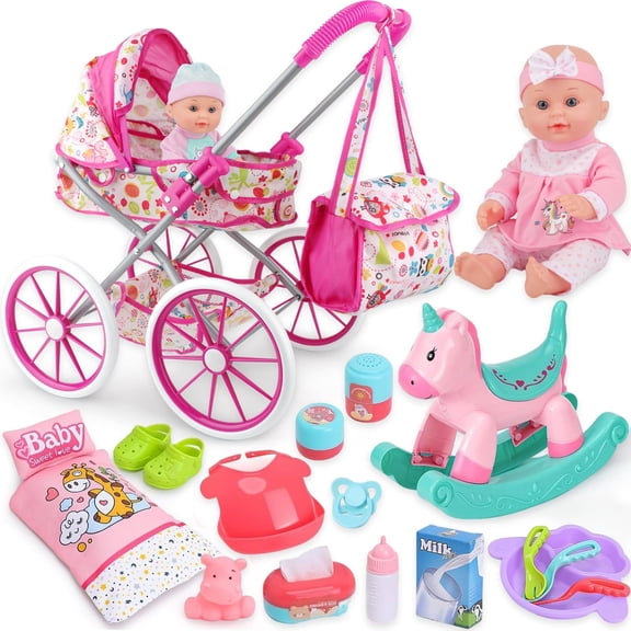 LINXUXIE Baby Doll Stroller Toys Set with 12" Baby Doll, Quilt Pillow,Rocking Horse, Doll Accessories and 2 Sets Doll Clothes, Toys for Kids 3-5 4-6 5-7 Gifts