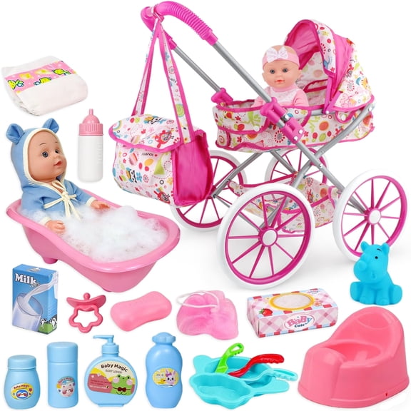 LINXUXIE Baby Doll Stroller Set Toys with Bathtub,12" Doll and Doll Accessories, Baby Stroller Toys for 2 3 4 Year Old Girls Birthday Gifts