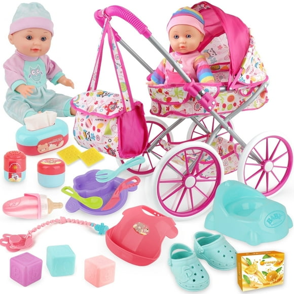 LINXUXIE Baby Doll Stroller Toys Set, Montessori Education for Kids, Soft and Safe Matrials Birthday Gifts for 1-3 3-5 5-8 Year Old