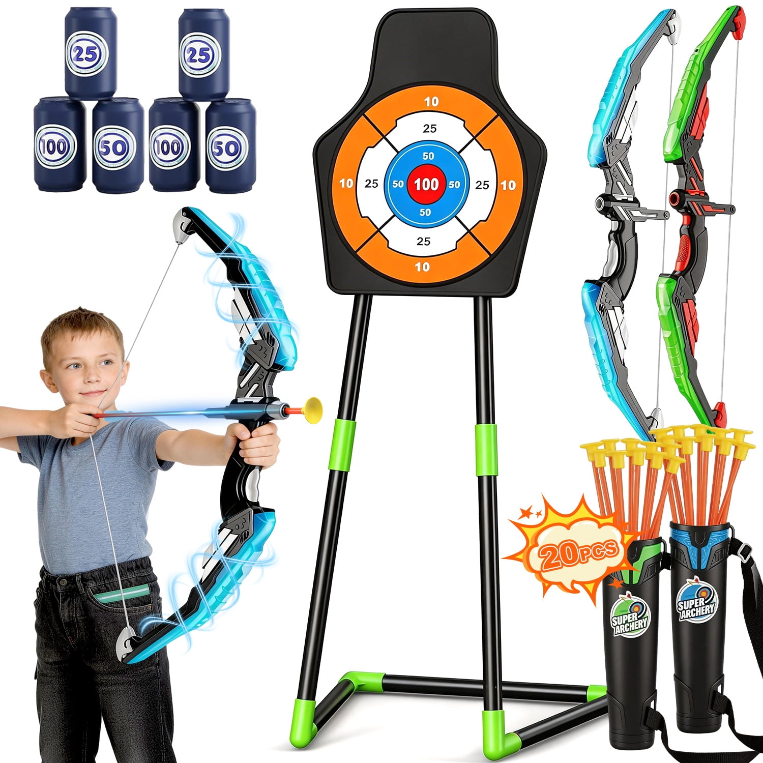 LINXUXIE Kids Bow and Arrow Set with LED Flash Lights, Archery Set with Standing Target,Indoor Outdoor Sport Gift for Boys and Girls Ages 3-12