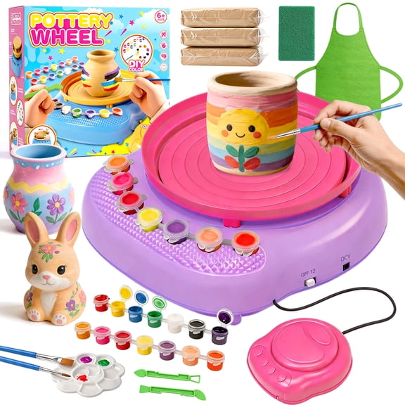 LINXUXIE Pottery Wheel for Kids,Complete DIY Pottery Painting Kit with Apron,3 Pack Air Dry Clay and Tools,Arts and Crafts Gift for Beginners Girls Boys Ages 6-12