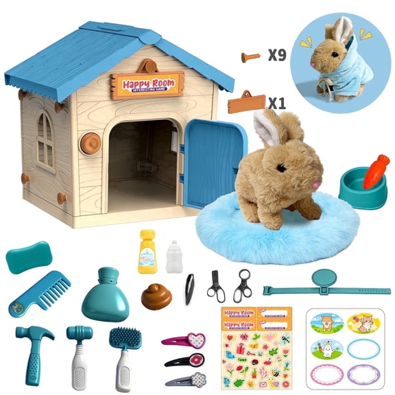 LINXUXIE Pet Toy for Kid,Rabbit House Playset,Interactive Bunny Toys with Accessories, Pretend Play Pet Care Playset for Kids of Ages 3 4 5 6