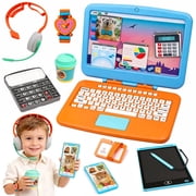 LINXUXIE Pretend Play Home Office Set for Kids,Toddler Computer,Phone,LCD Writing Tablet,Calculator,Coffee Cup and Watch,Birthday Gift for Boys