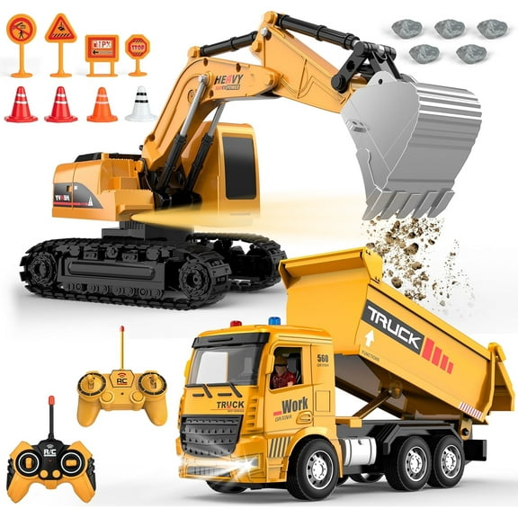LINXUXIE Construction Vehicles Toy, Remote Control Excavator and Dump Truck Toys Set with Lights & Sounds, Birthday Gifts for 1-3 3-5 5-8 Year Old