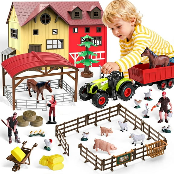 LINXUXIE Farm Animal Set with Red Barn,Tractor,Trailer,Horse Stable,Grain Bins,Fence and Farm Accessories,Birthday Gifts for Kids 3-5 5-8 8-12 Year Old