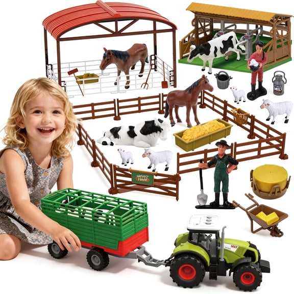 LINXUXIE Farm Animal Barn Set with Tractor, Trailer, Horse Stable, Grain Bins, Fence and Farmer Figures, Birthday Gifts for Kids 3-5 5-8 8-12 Year Old
