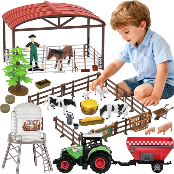 LINXUXIE Farm Animal Playset Barn Toy, Farmer Figure, Tractor & Farm Pets, Birthday Gifts for Kids 3-5 5-8 8-12 Year Old