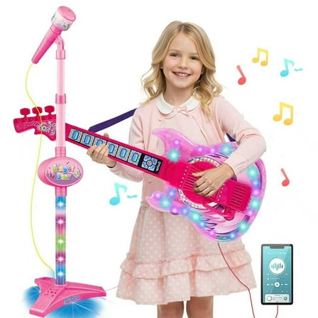 LINXUXIE Guitar and Microphone Play Set for Toddler, Adjustable Height Guitar Toys,Karaoke Machine Gift for Boys & Girls